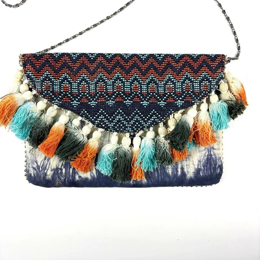 Steve Madden Josa Tassel & Bead Clutch Navy Coral Turquise Metal Strap Boho Fest